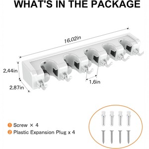 Wall Mounted Mop Broom Holder 5 Slot <b>Plastic</b> Organizer with <b>Hooks</b> for Kitchen Bathroom Garage Laundry Room - Product Image 1