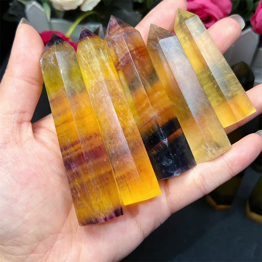 Wholesale Bulk natural Crystal Tower Crafts Fengshui meditation Healing Stone Yellow Fluorite Point For Decoration