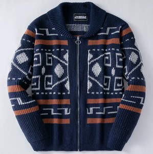 <b>Men's</b> Jacquard Knit <b>Cardigan</b> Sweater Turn-Down Collar <b>Long</b> Sleeve Zip Up Pattern Pullover <b>for</b> Autumn Winter - Product Image 4