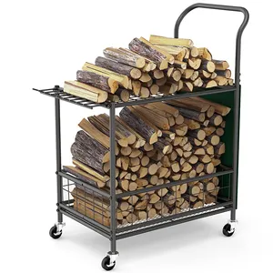 JH-Mech Movable Premium 2 Layer Firewood Rolling Cart With Shelves And 9 Hooks Durable Steel Firewood Log Rack With Wheels