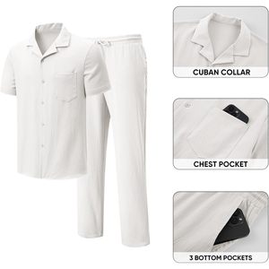 Conjunto de 2 Piezas para Hombre FOXA, Camisa de Playa Ligera de Manga Corta y Pantalones Casuales con Bolsillo, 100% Algodón Tejido - Product Image 4