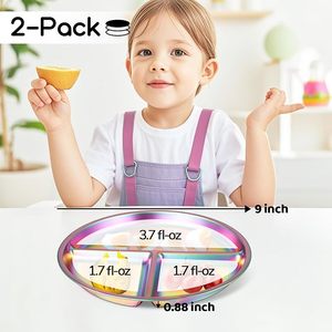 Lot de 2 assiettes en acier inoxydable pour enfants, assiettes divisées en portions de 9 "pour tout-petits et bébés, plats de <span class=keywords><strong>d</strong></span>îner incassables non toxiques - Product Image 2