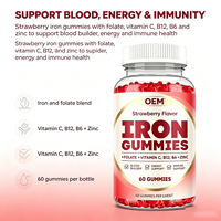 Gummies de fer OEM avec folate, vitamines C, B12, B6 et zinc, saveur fraise, 60 gummies, complément alimentaire