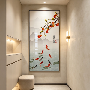 Arte Mural Vertical de Porcelana de Cristal con Diseño de Nueve Peces Koi y Melocotón Chino de la Suerte, con LED, para Regalo de Inauguración de Casa, Venta al por Mayor Personalizada - Product Image 2