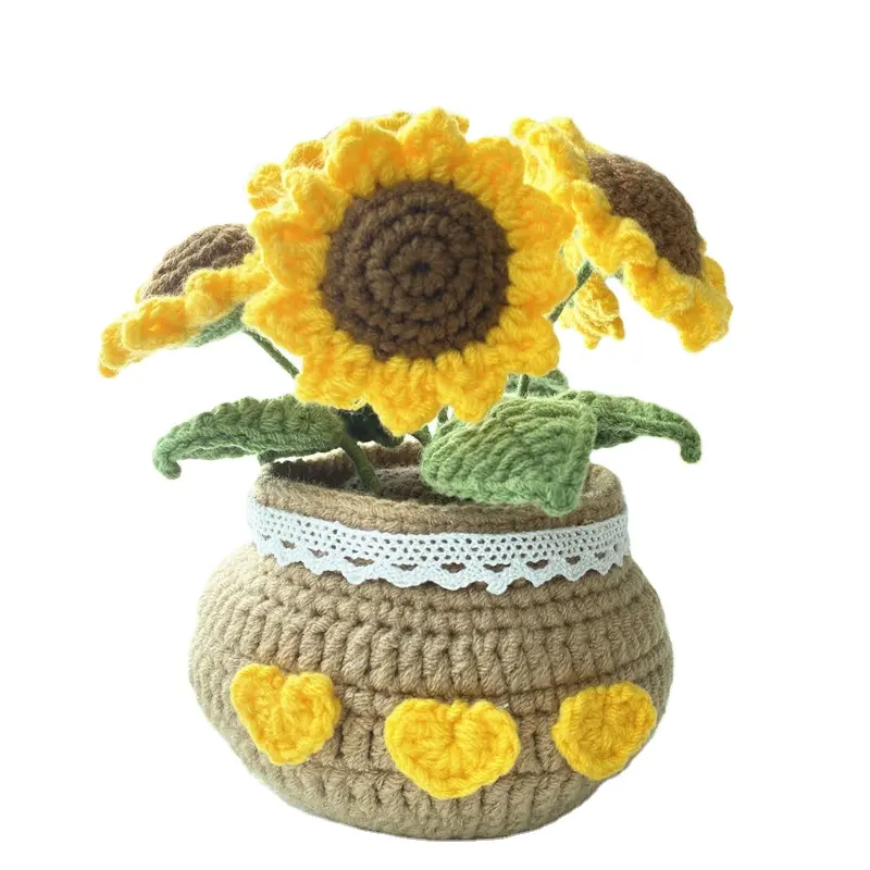 DIY Hand Woven Flowers-Girassol Daisy Rose Tulip Knitted Flower crochet potted flower para Car Dash Table Home Decoration