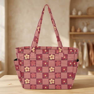 Floral <b>Checkered</b> Canvas Tote Bag Open <b>Top</b> Fashion Women's Shopping Bag All Seasons Style - Product Image 1