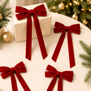 Wholesale Deep <b>Red</b> Velvet Christmas Bow Set Soft Velvet Fabric Long Tail Design Gift Wrapping Tree Hanging <b>Ornament</b> - Product Image 3