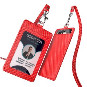 Porte-carte d'identité en cuir texturé en fibre de carbone, double fente avec cordon pour badge de travail, usage quotidien, rouge - Product Image 1