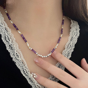 S925 สร้อยคอเงินแท้ผู้หญิงจี้หัวใจอเมทิสต์ธรรมชาติรูปทรงเรขาคณิตสวมใส่ทุกวันเครื่องประดับกระดูกไหปลาร้า - Product Image 4