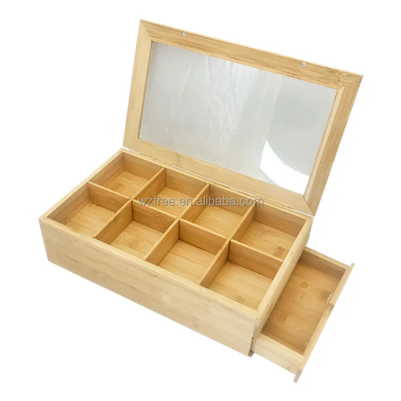 Kotak penyimpanan jam tangan 8 Slot bambu alami kustom kotak teh multifungsi dengan laci kotak hadiah buatan tangan