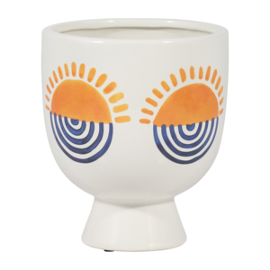 Pot de fleurs en céramique moderne, jardinière décorative pour intérieur et extérieur, blanc avec design orange et bleu - Product Image 1