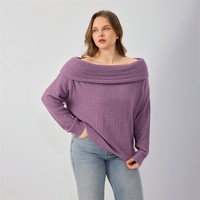 Pull personnalisé pour femme, tricoté à l'ordinateur, automne 2026, vintage, grande taille, style décontracté, col large, épaules dénudées, violet, côtelé, ample
