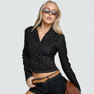 Chaqueta de Mujer Estilo Vintage con Cuello Blazer y Aspecto de Mezclilla, Diseño Ajustado con Cintura Recortada, Top de Estilo Americano para el Día a Día - Product Image 2