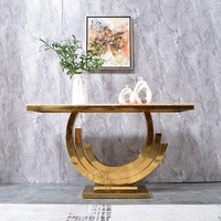 Table console de salon personnalisable avec base métallique, plateau en pierre, mobilier d'appoint étroit et contemporain pour villa, hall d'hôtel