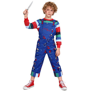 Costume de Chucky la poupée pour enfants, tenue d'Halloween pour garçons, salopette bleue, chemise rayée, chaussures rouges, taille M - Product Image 1