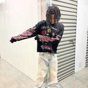 Logotipo personalizado 100% Algodão Angustiado Pullover Streetwear Waffle Knit Impressão Térmica Camisola de Manga Longa para Homens Atacado - Product Image 2