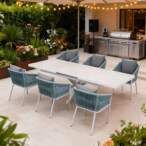 de salle à manger pour restaurant de <span class=keywords><strong>jardin</strong></span> moderne mobilier de terrasse en corde <span class=keywords><strong>aluminium</strong></span> blanc <span class=keywords><strong>table</strong></span> <span class=keywords><strong>extensible</strong></span> et 6 chaises - Product Image 1