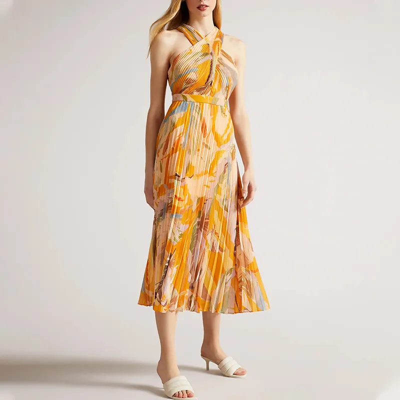 2023 Summer Latest Ladies Women Casual Sleeveless Halter Plisse Sundress Elegant Midi Long Chiffon Print Pleated Dress