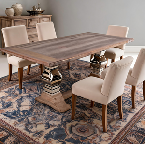 Reclaimed Solid Elm Wood Plank Top with Pail Stainless Steel <b>Leg</b> Pedestal Natural Finish Dining <b>Table</b> - Product Image 2