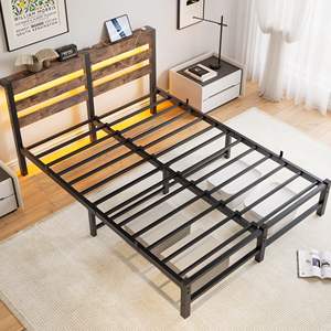 Db Queen Size Metal Bed Frame Wooden Headboard Rgb Lights Charger Storage <b>Shelf</b> No Box Spring Needed <b>Rustic</b> Style - Product Image 6