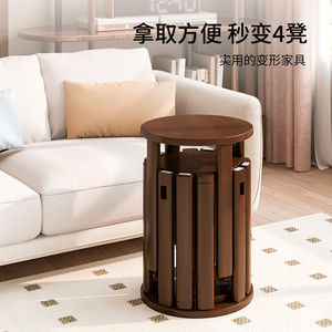Taburete de madera maciza, mesa auxiliar redonda con patas recortadas para uso en sala de estar o dormitorio - Product Image 3