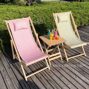 Silla de Playa de Madera Maciza, Plegable, Reclinable, con Patas Cónicas, Estilo Costero, Silla de Descanso para Exteriores, Rayas Azules y Rojas - Product Image 2