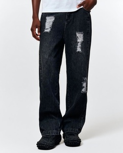 Özel tasarımcı marka sıkıntılı akıntılar Streetwear derin mavi ağır Denim OEM erkekler ham kenar kot düz bacak pantolon - Product Image 1