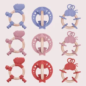 2023 New Design BPA Free Silicone Animal Shape Teether Chewing Toys With Wooden Ring