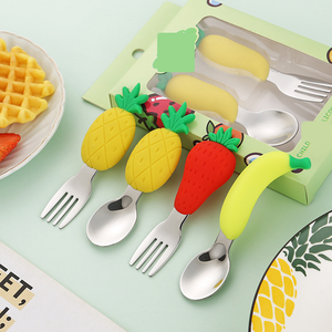 Custom Silicone 304 Stainless Steel <strong>Children's</strong> <strong>Cutlery</strong>, Fruit Pattern Spoon and Fork Set, Baby Feeding Spoon - Product Image 1