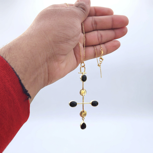 Cross Pendant Necklace Black Onyx Oval & Pear Gemstone 18k Gold Plated Brass Minimalist Religious Jewelry Necklace For Unisex - Product Image 5