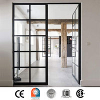 Porte intérieure minimaliste en acier et verre, cadre en acier étroit, porte en verre transparent avec isolation thermique, motif grillagé