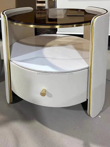 Modern Round Nightstand with Glass Top and Marble <b>Shelf</b> White Storage Drawer Bedroom Furniture - Product Image 6