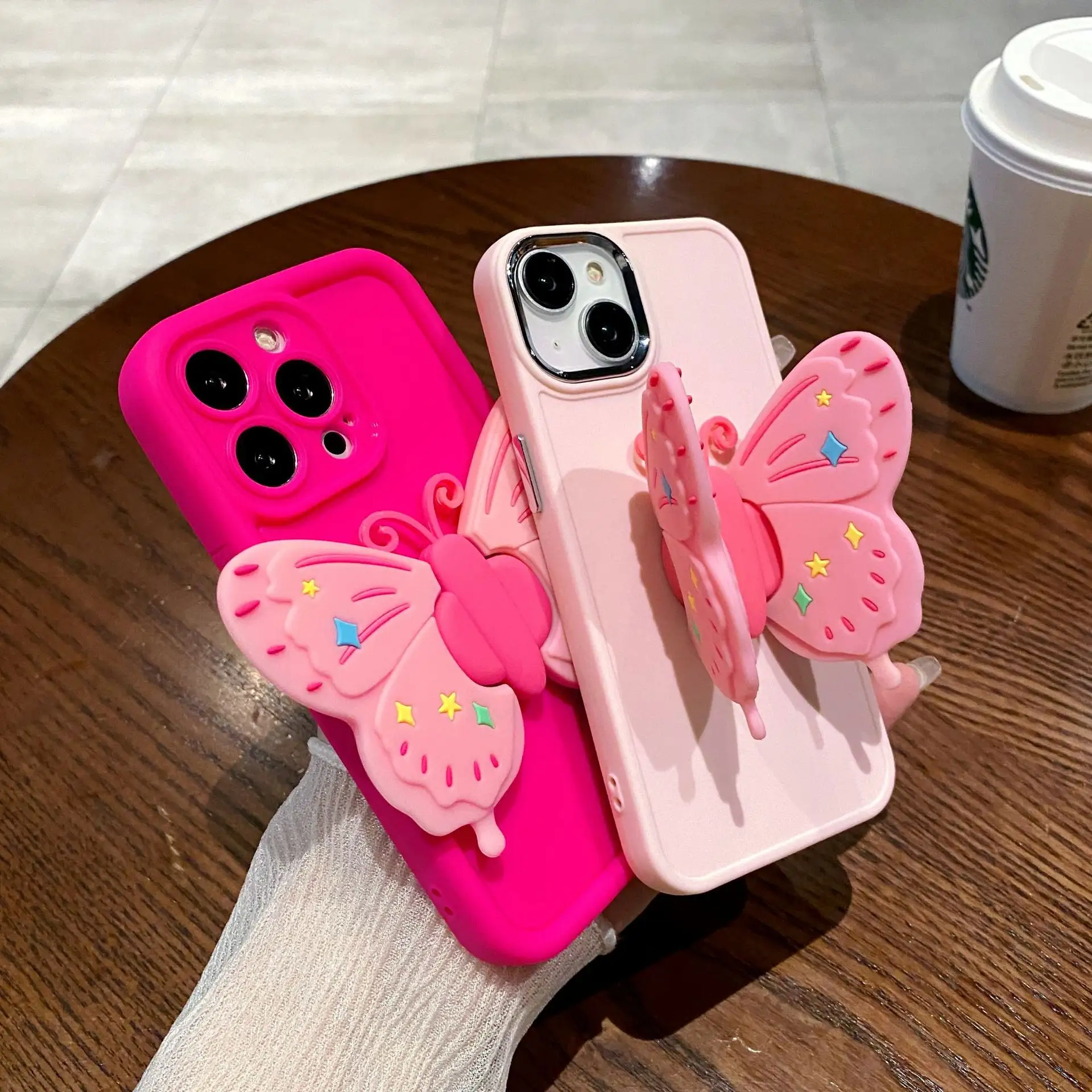 ins trending cute 3D Foldable Butterfly girl phone shell with phone holder for iPhone 14 1213 15 Promax full protect cases