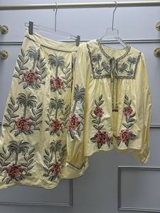 Women's Vintage Retro Floral Embroidery Slim Elegant Breathable <b>Linen</b>/Cotton Long Sleeve Top & Long Skirt 2-Piece <b>Set</b> - Product Image 4