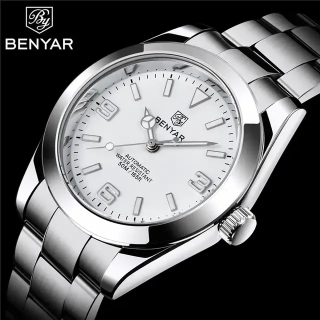 Benyar 5177 Newest Top Rating Clock Men Classic Luxury Factory Mechanical Watches with 5 ATM WristWatch Stainless Steel Band