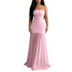 ชุดเดรสยาวแบบไม่มีสายรัดไหล่สำหรับผู้หญิง ทรงเข้ารูป ผ้าชีฟองจับจีบระบายชายกระโปรง ชุดราตรีสำหรับงานแต่งงาน แฟชั่นสำหรับผู้หญิง - Product Image 1