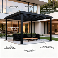 Pergola exclusive transfrontalière en alliage d'aluminium pour cours et jardins ; Style moderne minimaliste, abri solaire extérieur noir intelligent