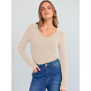 Anrabess - Camiseta de punto acanalada con cuello en V para mujer, manga larga, ajustada, informal, básica, para otoño, suave y elástica - Product Image 2