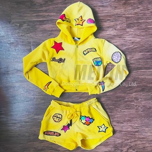 Custom Two Piece Applique Patch Cotton French Terry Green Acid Wash <b>Zip</b> <b>up</b> Hoodie and Shorts Set Tracksuits Sweatsuits Set Women - Product Image 2