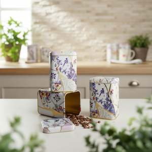 Square Metal <b>Canister</b> <b>Set</b> – 87x87x125 mm (<b>Set</b> of 3) Kintsugi Gold vein Flower Kint Sugi Design - Product Image 3