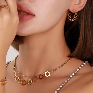 Double Layer Wear <strong>Gold</strong> Necklace Fashion Stainless Steel Diamond <strong>Costume</strong> <strong>Jewelry</strong> Necklace and Earring 4PCS <strong>Jewelry</strong> Sets Wholesale - Product Image 2