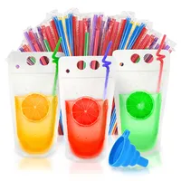 MUCH 50pcs Premium Plastic Drink Pouches with Straws,17oz Drink Bags  Container,Reusable Heavy Duty Handheld Translucent Drink Pouches 