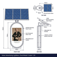 Boîte lumineuse solaire personnalisée pour extérieur, IP65, aluminium + film UV, panneau publicitaire LED, batterie 1000Wh, sans électricité, forme carrée, OEM accepté