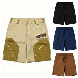 Shorts en toile de coton décontractés pour hommes avec motif à pois peints, taille à cordon de serrage, style bermuda, logo personnalisé sur le devant - Product Image 1