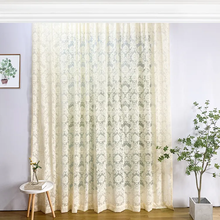 wide 54inch height 102inch Custom purple endless flower sheer pearl jacquard lace white sheer curtains for living room