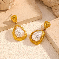 Boucles d'oreilles pendantes en acier inoxydable plaqué or 18 carats, imitation perle baroque, style français martelé, bijoux pour femmes