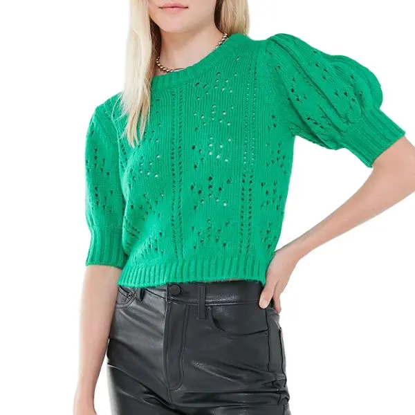 Spring Green Puff Sleeve Knit Crop Top Sweater Women