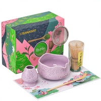 Ensemble de thé en porcelaine rose écologique 7 pièces avec cuillère en bambou, bol Chawan et logo personnalisé – Coffret cadeau pour usine