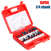 Kits001 Ensemble de 15 fraises à bois en carbure de tungstène avec tige de 1/4'' pour le travail du bois, emballage en boîte plastique