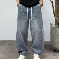 Jean baggy vintage bleu clair pour homme, taille élastique avec cordon de serrage, design à coutures courbes, fabriqué en Chine